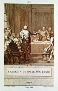 Benjamin Franklin presenterte sin motstand mot skattene i 1766, gravert av David